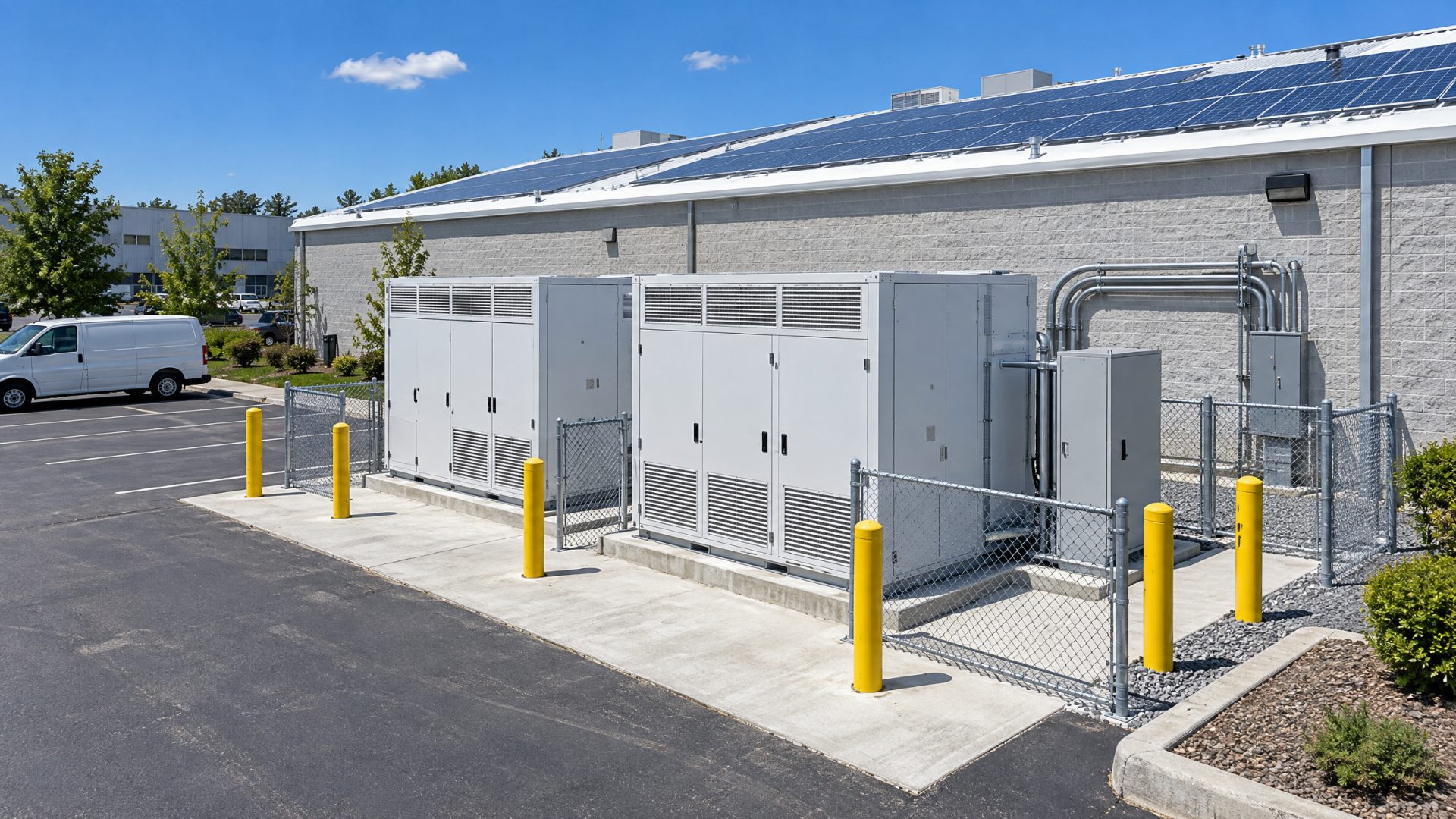 Commercial battery storage enclosures beside a building with rooftop solar