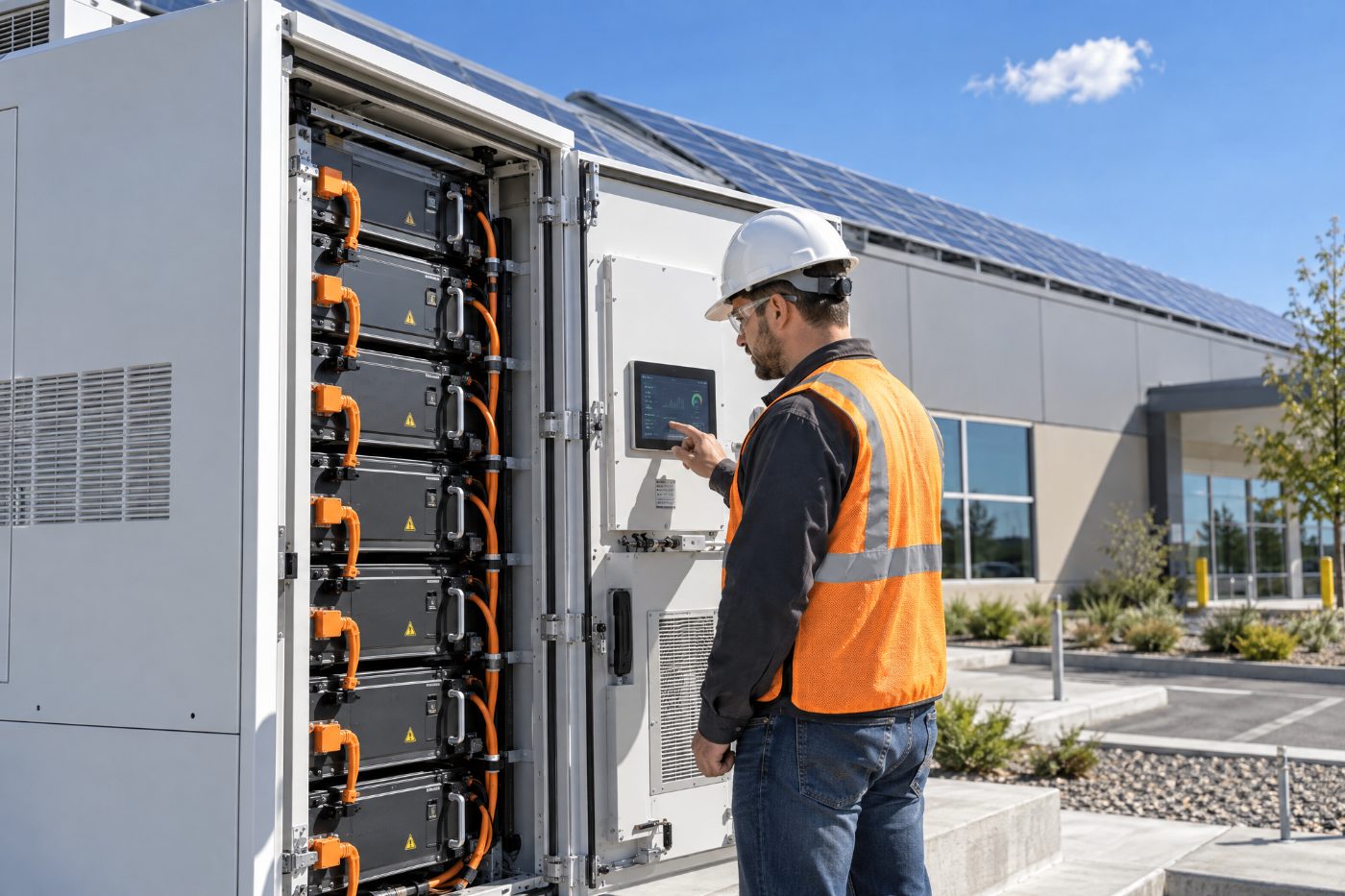Technician at the open door of a commercial battery enclosure