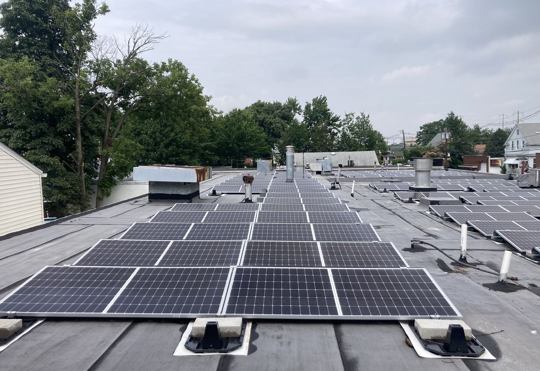 Rooftop solar array on a light industrial building in Linden, New Jersey