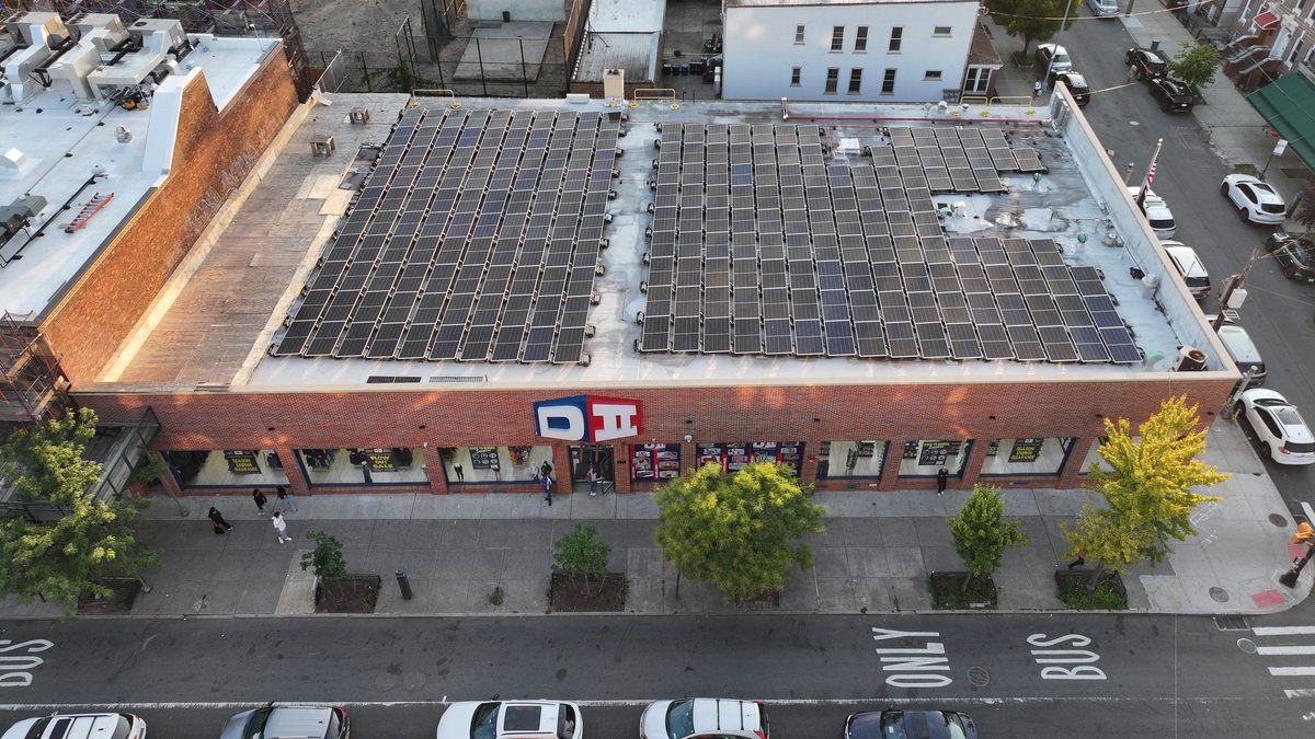Retail store rooftop solar array, aerial view