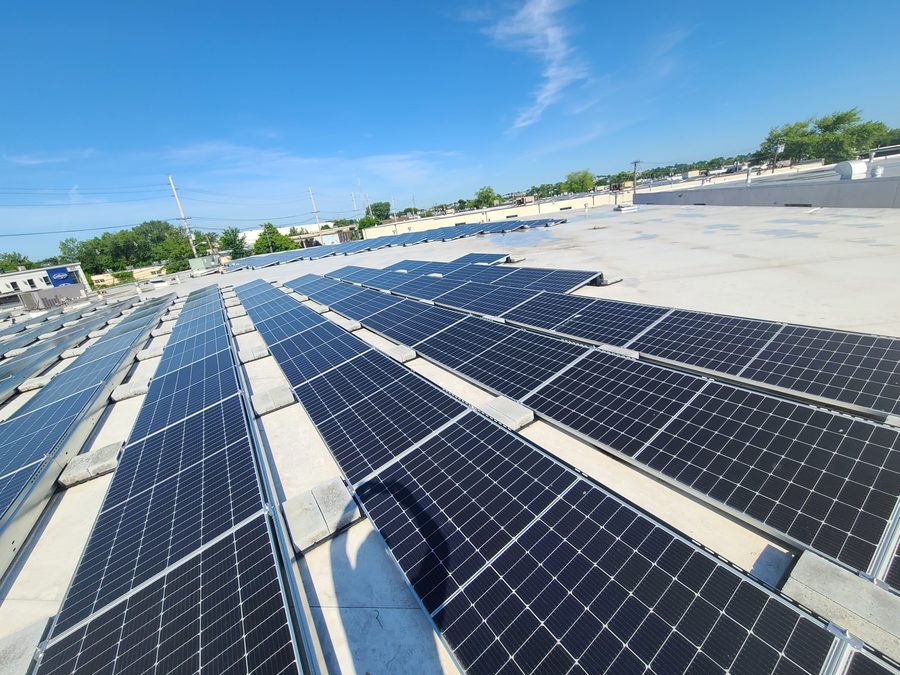 Rows of rooftop solar panels in New Jersey